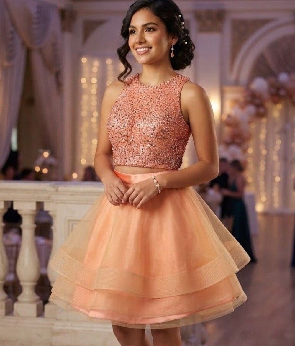 Amazon Two-Piece Sequin Crop Top & Tulle Skirt Prom Dress size Small Peach